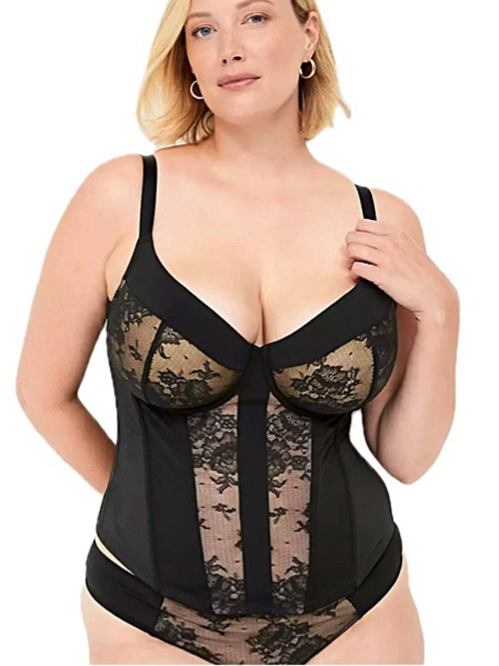Cacique Black Lace Corset Underwire Balconette Bra Plus Size 44DD Mesh Back